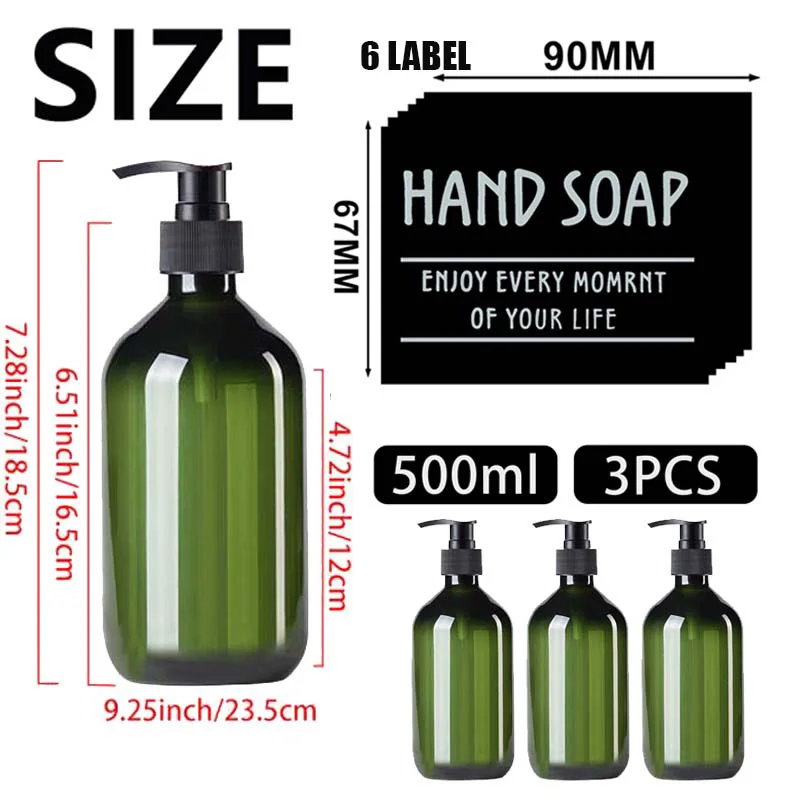3 бр. / компл. опаковка сапун обем 500 мл от PET пластмаса за дома за баня, шампоан, балсам, бутилка за измиване на тялото с 6 етикети