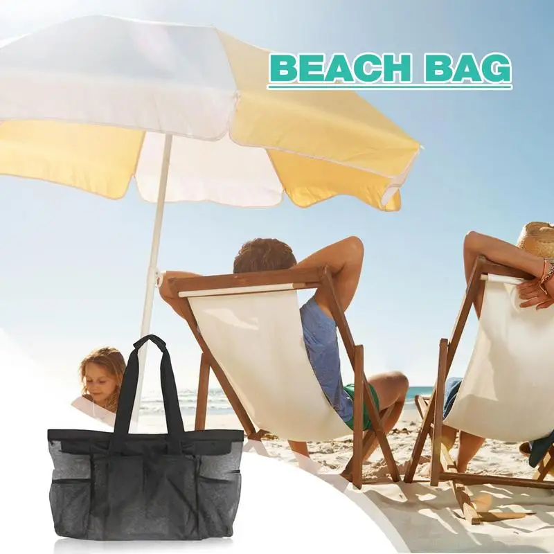 Плажна чанта с голям размер с джобове, окото на голяма плажна чанта-тоут, 8 джобове, найлонова чанта за плажни хавлии, плажна чанта на външни ципове.