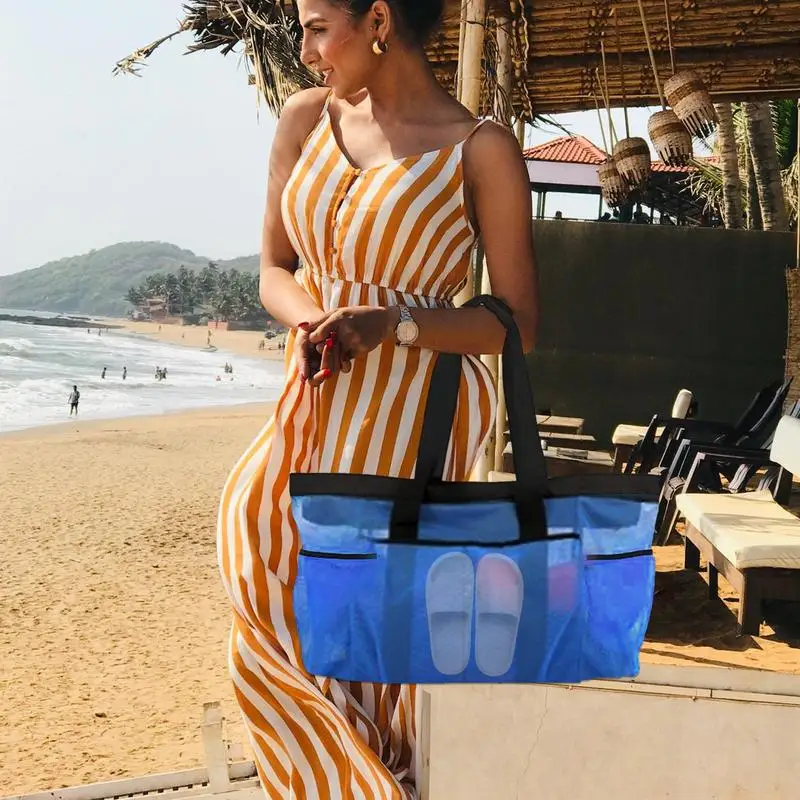 Плажна чанта с голям размер с джобове, окото на голяма плажна чанта-тоут, 8 джобове, найлонова чанта за плажни хавлии, плажна чанта на външни ципове.