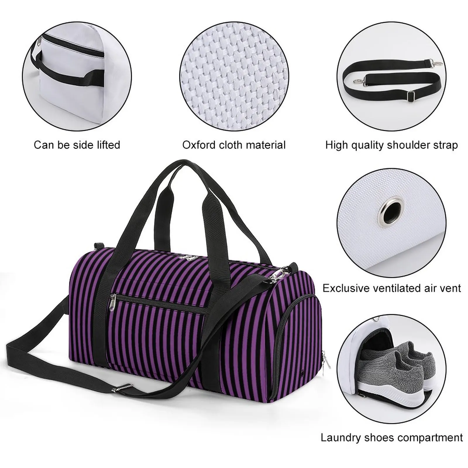Спортна чанта за Хелоуин в вертикални райета, виолетово-черни линии, спортни чанти за пътуване, мъжки дизайнерска чанта за фитнес, улични чанти