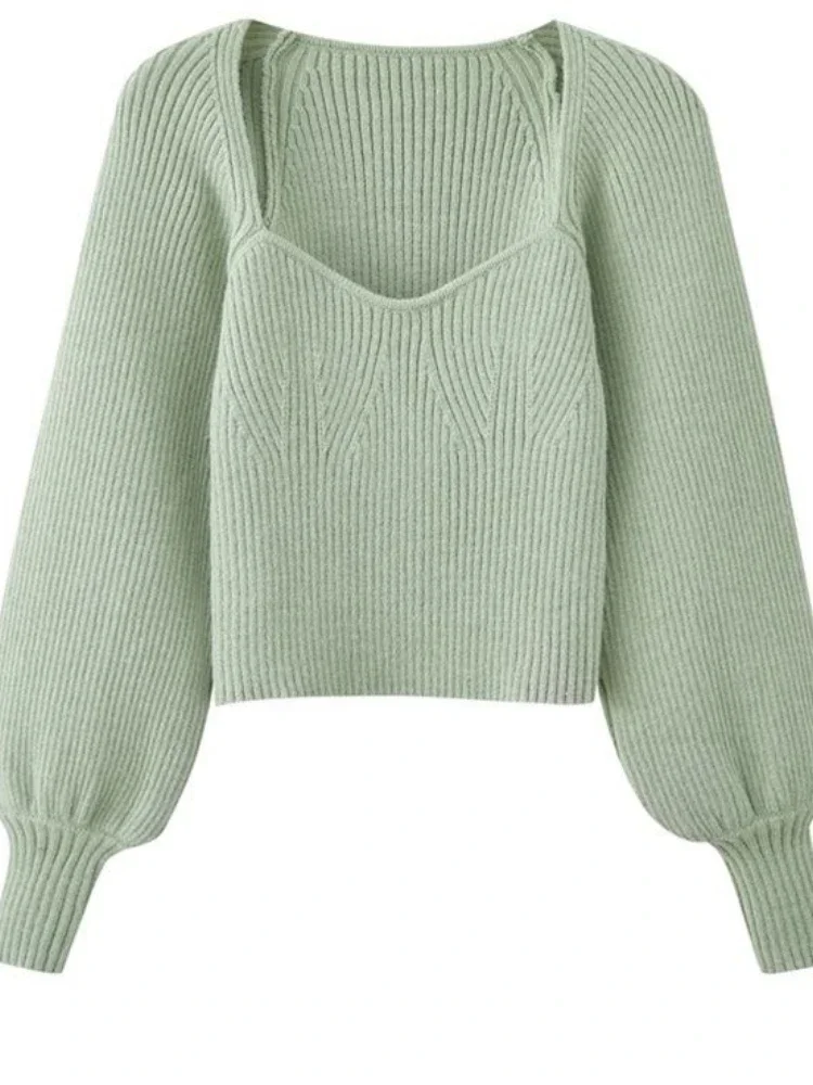 Пуловер с квадратни деколтета, дамски вязаная однотонная топла риза с дълги ръкави, в есенно-зимната ежедневни директен доставка