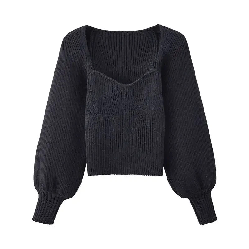 Пуловер с квадратни деколтета, дамски вязаная однотонная топла риза с дълги ръкави, в есенно-зимната ежедневни директен доставка