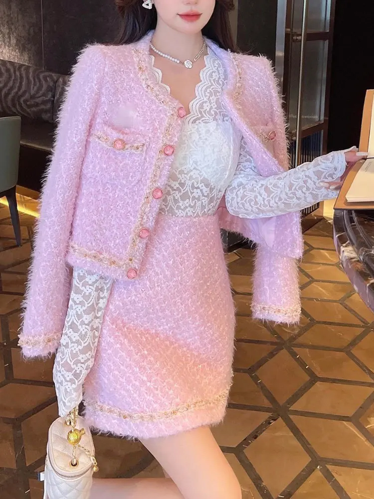 Модерен Елегантен хлопчатобумажный костюм от изкуствена вълна, Кадифе, женски Зимен костюм 2023 г., с кръгло деколте и джоб, розово палто копчета + модни пола, комплект от 2 теми