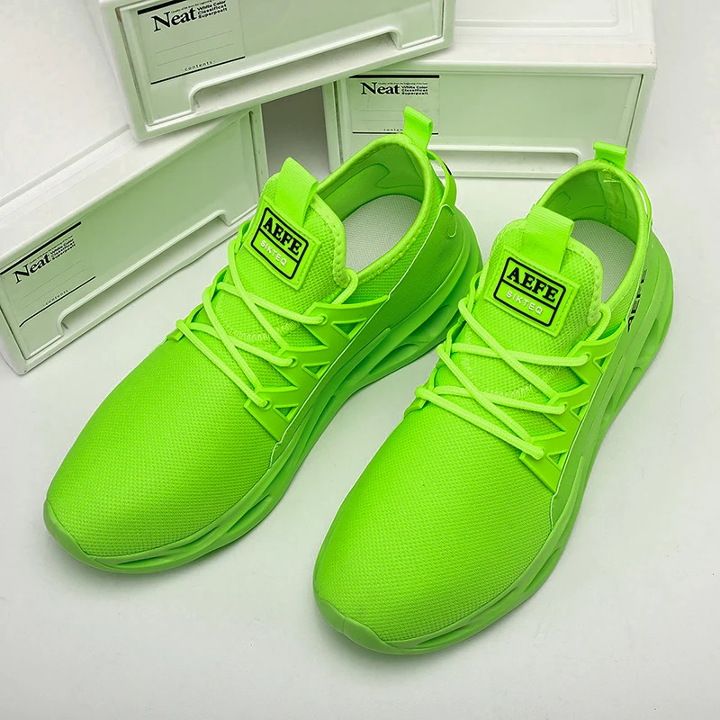 По-големи размери 40-47, мъжки спортни обувки за бягане, Зелено-жълти мъжки спортни маратонки за тренировки, Дишаща мрежа, младежки спортни обувки за бягане