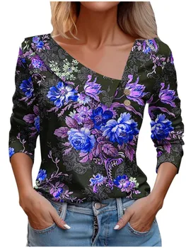 2024 Елегантна дамска тениска с наклонена яка и дълъг ръкав, Модерни ежедневни блузи с голям цветен 3D принтом, Пролет-лято, Офис дамски тениски