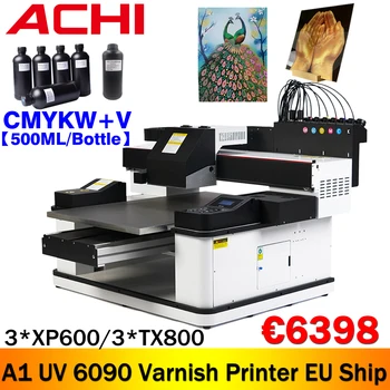 A1 6090 UV Принтер Лак UV Принтер LED Плосък Принтер Автоматична UV-Печат на тениски Bottlle Wood Mental Printing EU Ship