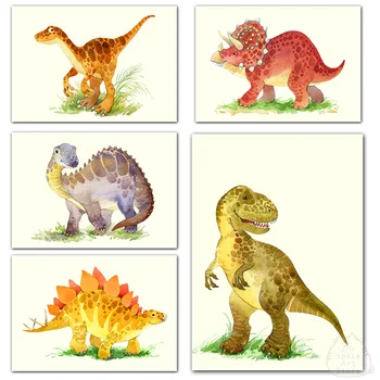 Cartoony динозавър тиранозавър рекс, акварел плакат, платно, стенно изкуство, просто изображение на животното, картина за вашия интериор, стаи за малки момичета и момчета, Куадрос