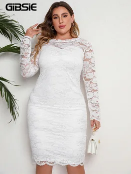GIBSIE Плюс Размер в Елегантна Вечерна Бяло дантелено рокля за жени, пролет-лято, сексуална дебнещ рокля Midi джоб с дълъг ръкав, 2023