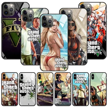 Grand Theft Auto GTA V със Стъклен капак за iPhone 15 13 14 12 11 Pro Max X XS Max XR 12mini 7 8 Калъф закалени корпус
