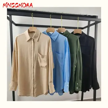 MNCCMOAA-Дамски однобортная риза с дълъг ръкав, Дамски обикновена блузи, Ежедневни блузи с джобове, пролет-лято, мода 2024
