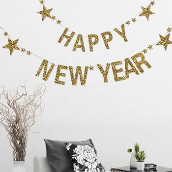 Банер честита Нова година, Златна блестяща Овесени ядки, Празнична украса за дома, офиса, бар, търговски център