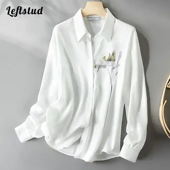 Бялата френска елегантен шик однобортная дамска блуза с флорални принтом, риза с отложным яка и дълги ръкави, свободни дамски блузи