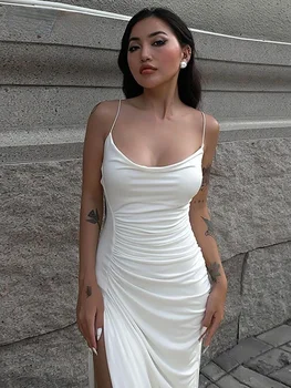 Бяло плиссированное рокля с цепка отстрани за жени без ръкави с отворен гръб рокли с висока талия Секси рокли за официални събития Облекло