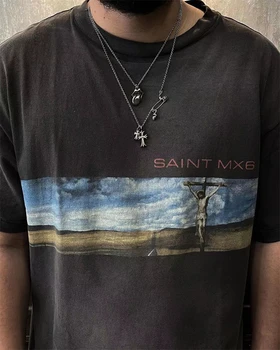 Върхова продуктова версия 
 SAINT MICHAEL the SKY SS Мъжка Тениска Дамска 1: 1 Sky Jesus Промытая Стара Тениска С къс ръкав, Потници, Тениска Fasion