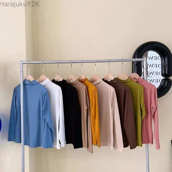 Дамска блуза с висока воротом, Есенна риза с дълъг ръкав, Пуловер, Тънко Корейски Прости Обикновена върхове, Еластична тениска За жени
