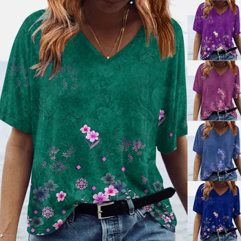 Дамски удобна ярка тениска, дамски модни и ежедневни тениски с V-образно деколте и къс ръкав дамски тениски