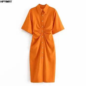 Дамско луксозно модно рокля-риза Миди с драпировкой копчета, винтажное рокля с къс ръкав и странични цип, дамски оранжеви рокли Vestidos
