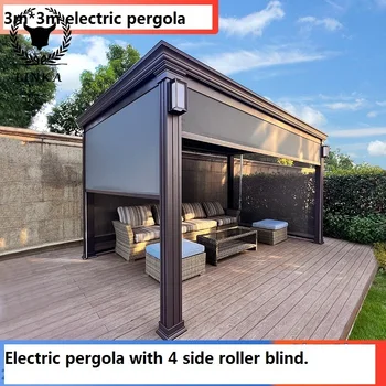 Европейската pergola произведената у дома електрически 3* 3 тераса към задния двор метална водоустойчив градински павилион на открито с led роликовой завеса