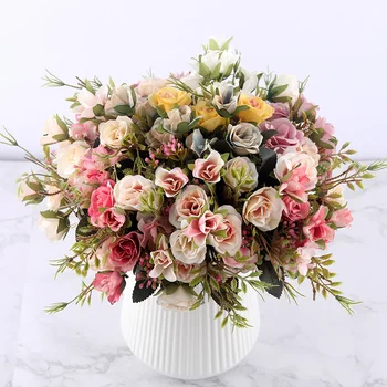 Есенен Букет от изкуствени цветя от розова коприна, Изкуствени цветя за парти в градината, украса за дома си ръце, Малка Бяла Сватбена състав