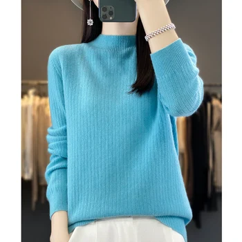 Есенно-зимния нов 100% чисто женски пуловер с вертикална ивица в половината от растежа, вязаный отдолу, тънък, безшевни модерен пуловер, ботто
