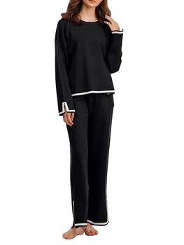 Жена комплект пуловери, дрехи от 2 теми, вязаный пуловер с дълъг ръкав, отгоре с висока талия, Широки панталони, комплекти за отдих, спортни костюми