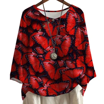 Женска тениска CLOOCL, эстетичная червена риза с принтом пеперуди, модни градинска облекло, тениски с дълъг ръкав, ежедневна блуза, копчета, дрехи Y2k