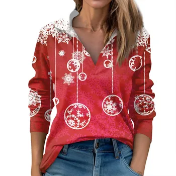 Женска тениска с V-образно деколте, Коледни върхове с графичен принтом под формата на снежинки, есенна ежедневни Коледна блуза редовен намаляване с дълъг ръкав, дамски