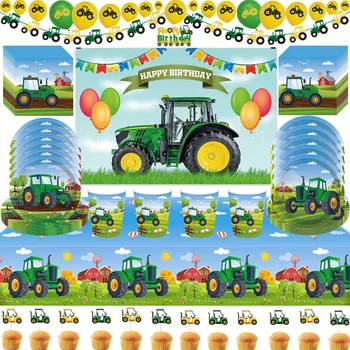 Зелен земеделското стопанство трактор, Украса за тематични партита Хартиена чаша Чиния Салфетка Камион Багер на Превозното средство, са за деца Аксесоари за рожден Ден на момче