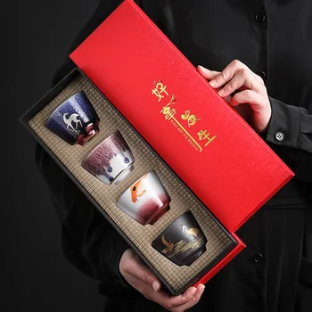 Керамична чаша с ръчно изработени на пещ в японски стил, комплект от 4 теми, майстор чашка, самостоятелна чаша, Чаена чаша голям размер, подарък кутия Чаени чаши
