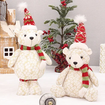 Коледна украса, прекрасен бял вязаный лосове, червена качулка, седнала мечка, плюшени украса за коледното семейния партита.