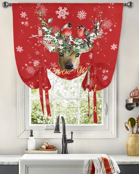Коледни завеса с изображение на Лосове Червеношийки за дневна спалня Модерна душ завеса на прозореца на Кухнята Кратък душ завеса