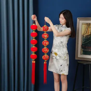 Коледни червени фенери ръчно изработени, с висящи пискюли, чрез шнурове за фенери, Декоративен шнур за червени мъниста в китайски стил