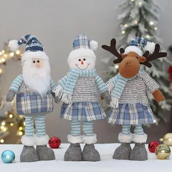 Кукла на Дядо Коледа, Снежен човек, играчка Плюшен, Лосове, Фигурка на Дядо Коледа, Украса от синя карирана кърпа, Убирающаяся Коледна кукла, Коледна украса.