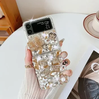 Луксозен калъф-бутилка с сладък мечок от планински кристал за Samsung Galaxy Z Флип 1 2 4 3 Модерен калъф с перли, диаманти и цветове, украсени с пискюли, във формата на любовта