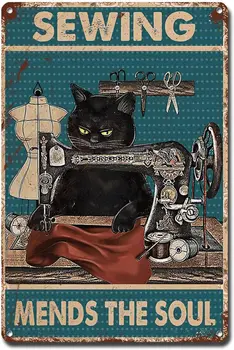 Метална табела Лидице знак стенно изкуство Черна котка Дама Шиене корекции на душата Украса на стаята на тийнейджърка за публикуване 12 × 16 см