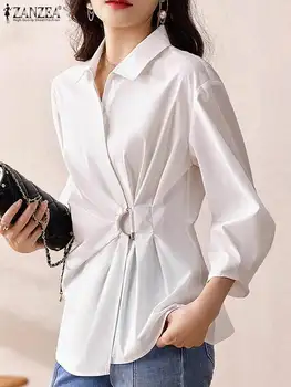 Модерна блуза с ревера и яката ZANZEA, женски Асиметрични ризи, Реколта върхове с плисирана талия, Туники, Корейски Ежедневни Бели блузы