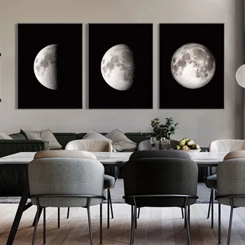 Модерни небесните промени, Картина върху платно с абстрактно Лунна Картина, черно-бял печат на плакати с космическата планетата, боядисани стени и домашен офис