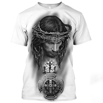 Мъжка тениска С Изображение на Исус Христос, Лятна Ежедневни Тениска С Кръгло деколте, Извънгабаритни Къс Ръкав, Католически Принт, бързо съхнещи Мъжки тениски
