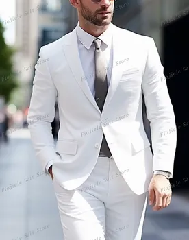 Мъжки бизнес костюм Бял Младоженеца Смокинги на младоженеца на Сватбената парти Ментов цвят За официални поводи Комплект от 2 теми Яке Панталони