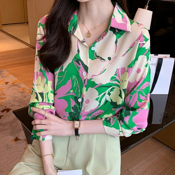 Ново потокът, женската блуза за пролет-есен, модни дамски риза с копчета с принтом за работа и ежедневие