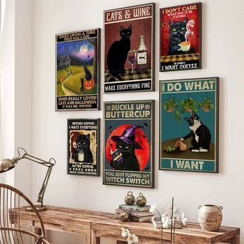 Плакат с хубав анимационни Черна котка, самоклеящийся художествен плакат, стикер от крафт-хартия в ретро стил, Направи си САМ, Стая, бар, Кафе, Реколта декоративна живопис