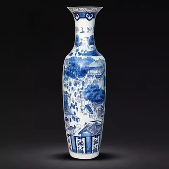 Подова керамика Цзиндэчжэнь, голяма ваза от бяло-синьо като порцелан, ръчно рисувани бижута, бижута за сядане и удобства