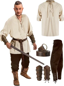 Ретро Реколта панталони средновековния Ренесанс, облекло, риза с колан, защита на ръцете, Пират мъжки cosplay-костюм за Хелоуин