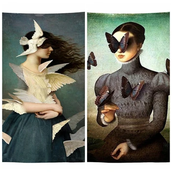 Ретро-сюрреализъм, Птица със счупени крила, Жена С пеперуди, Фантазийный Гоблен От Ho Me Pipi За спални, всекидневна декор