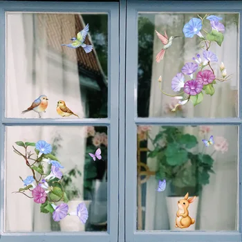 Самозалепващи стикери за стена, растения, цветя, Птици, стъклени прозорци, украса за дома