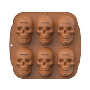 Силиконова форма за торта с черепа на Хелоуин, 6 кухини, силиконова форма за печене с 3D изображение на пиратски череп, кафяв