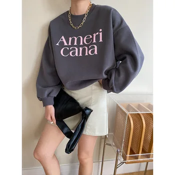 Случайни пролетно-есенен пуловер в американски стил в ретро стил с модерен писмото принтом кръгъл отвор, без тънък пуловер с открити рамене, дамски пуловер