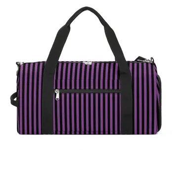 Спортна чанта за Хелоуин в вертикални райета, виолетово-черни линии, спортни чанти за пътуване, мъжки дизайнерска чанта за фитнес, улични чанти