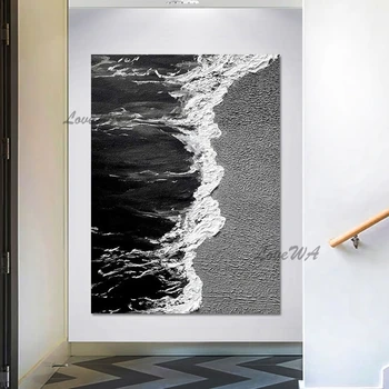 Съвременното изкуство е морска вълна живопис плаж природни картини стена, без рамки абстрактно произведение на изкуството, платно в ролка бял черен акрилен декор