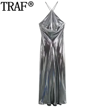 ТРАФИКА на 2023 Блестяща рокля на бретелях с открити рамене, Сребърна рокля-комбинация, дамски дълги рокли с метална облегалка, секси вечерна рокля